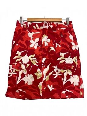 COLUMBIA cotton skirt red orange white green floral pattern pockets size 8